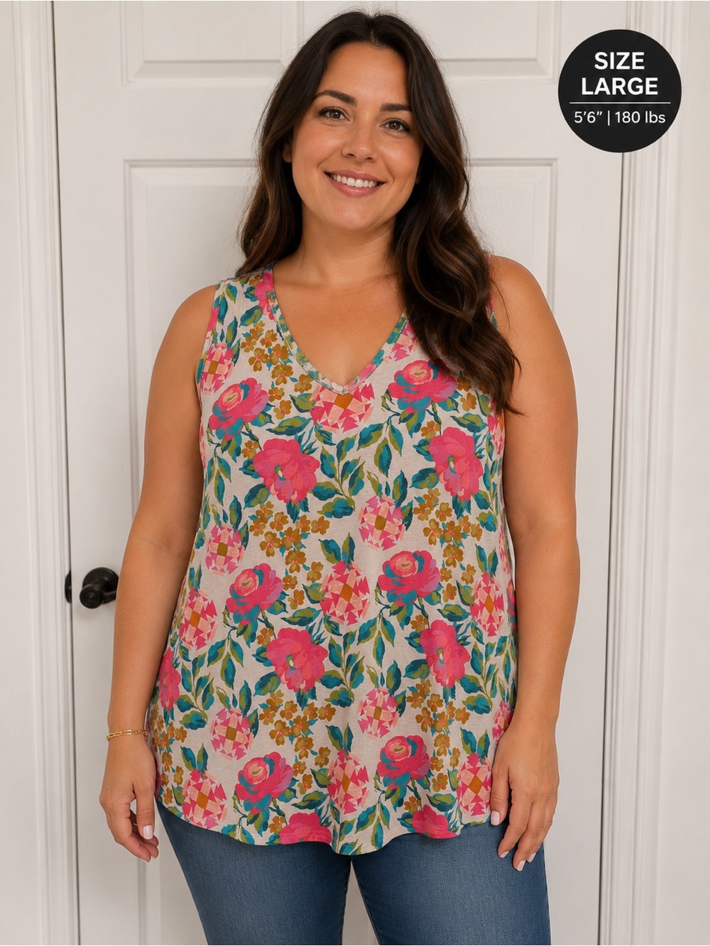 Crazy Train Bright Floral V-Neck Tank Top - Pink, Teal & Orange
